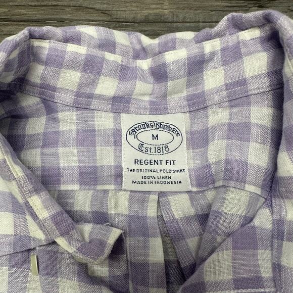 Brooks Brothers Purple White Gingham Mens M Regent Fit Linen Button Up Shirt EUC - Picture 4 of 8